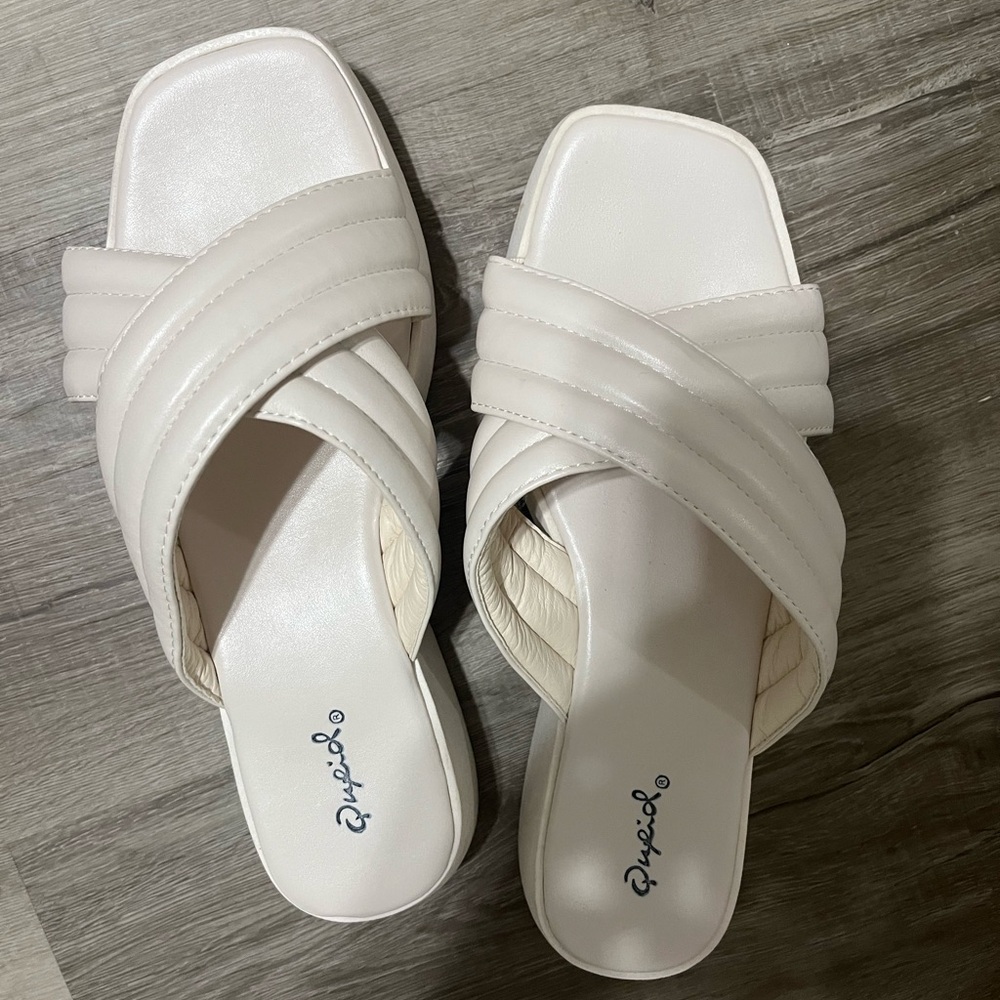 White Quilted Cross-Band Slide Sandals